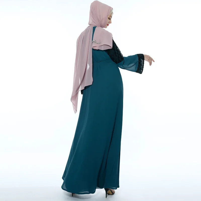 latest Dubai long-sleeved dress Muslim party Abaya ladies Arabian lace cardigan patchwork Turkish Islamic prayer gown robe