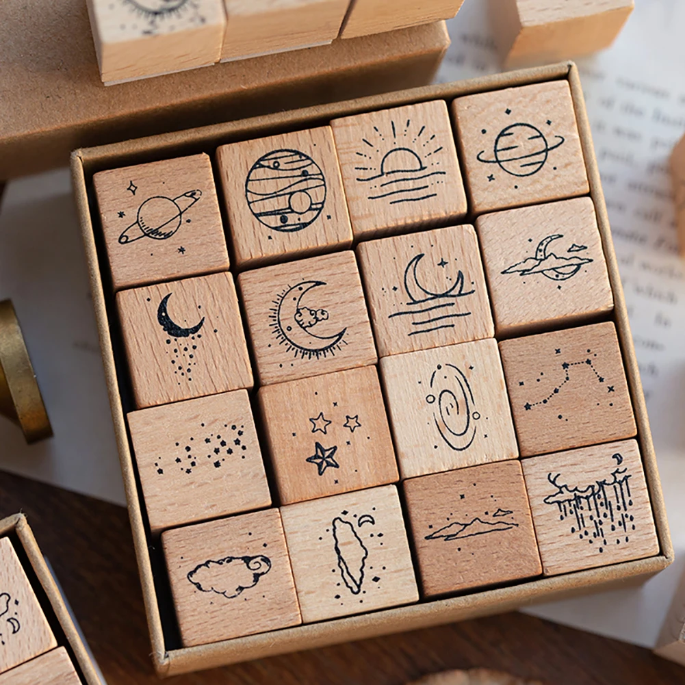 

16pcs/Vintage Planet Moon Cloud Decoration Wooden Rubber Stamps Scrapbooking Stationery DIY Craft Cards Books Diaries Stamp
