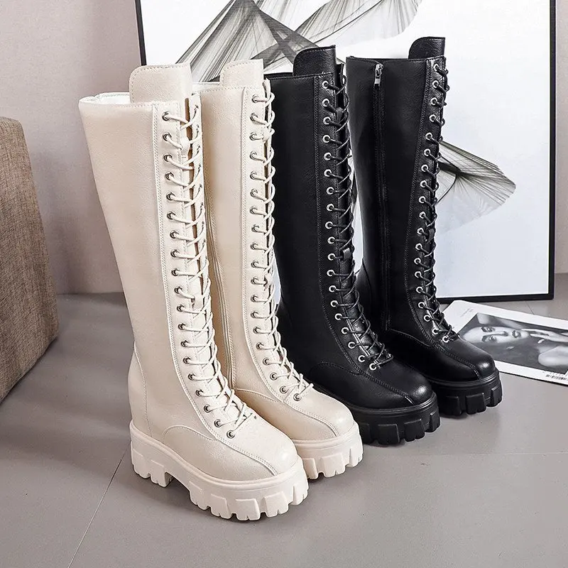 

Женские сапоги выше колена, высокие сапоги из искусственной кожи на массивной платформе в стиле ретро, панк, увеличивающая рост, 2022