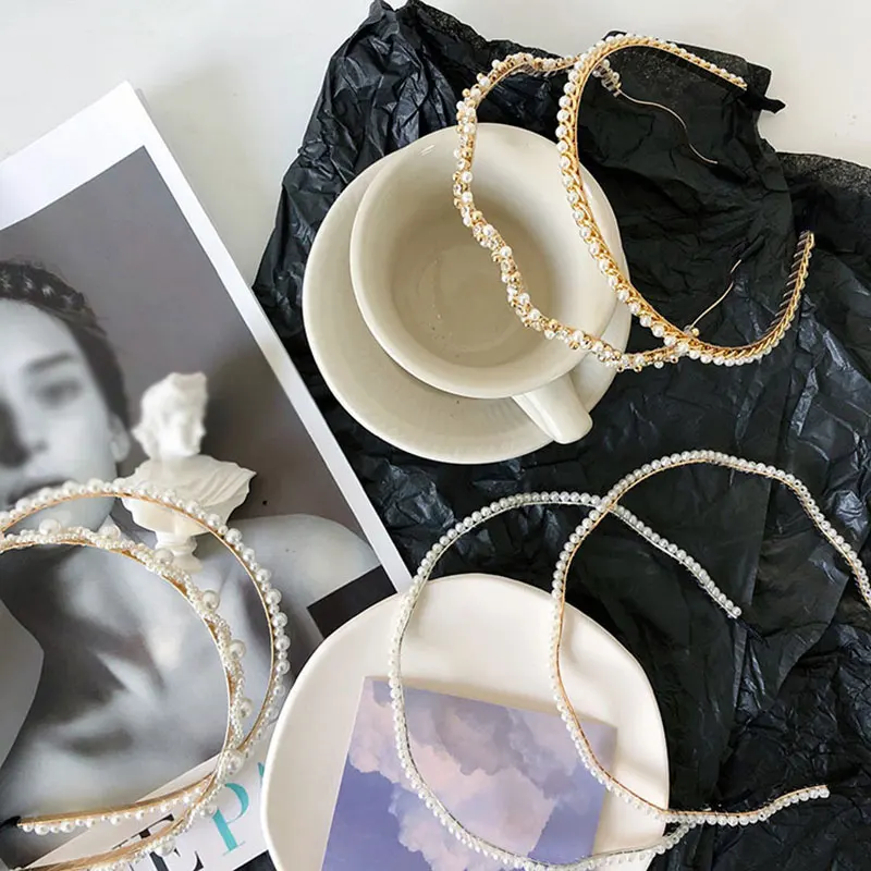 

2021 New Crystal Rhinestone Pearls Wave Headband Women Bridal Wedding Hair Accessories Stretch Hairbands Hair Hoop Girl Headwear