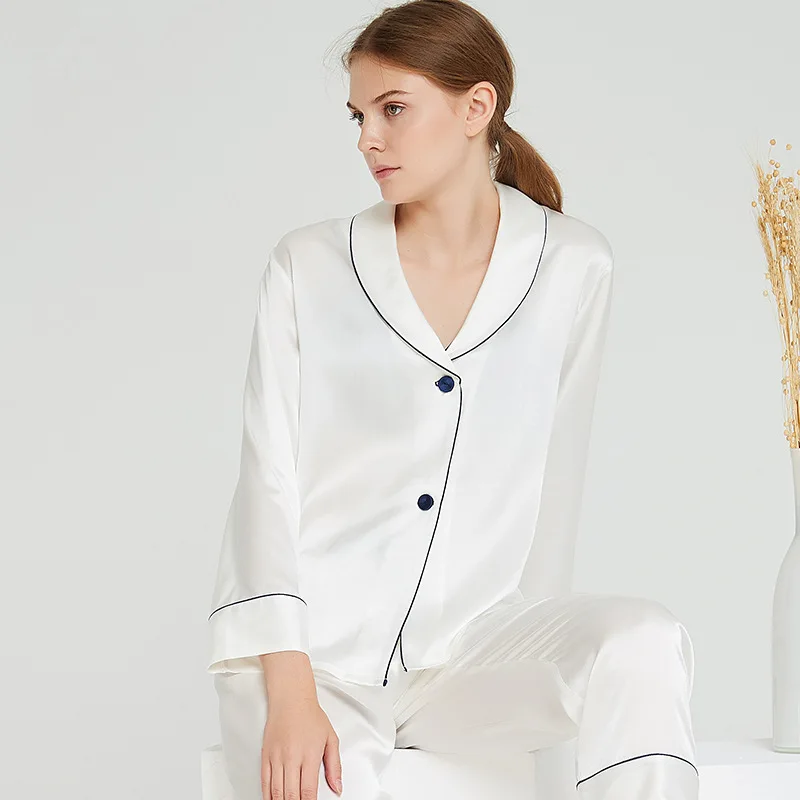 Women's Silk Pajamas Spring and Autumn 100% Pure Silk Tracksuit Two-Piece Suit Can Be Worn Outside