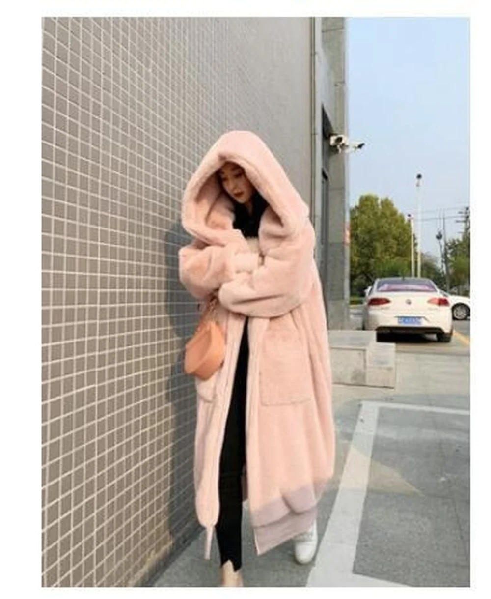 Luxury Fur Teddy Coat Thick Warm Winter Long Hooded Plus Size Female Overcoat Jacket High Quality Women Fake Rabbit Fur Jacket