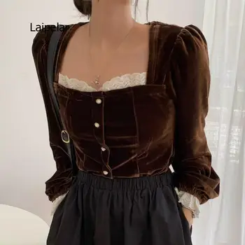 French Chic Palace Style Vintage Black Velvet Shirt Women Square Neck Blouse Long Sleeve Autumn New 2021 1