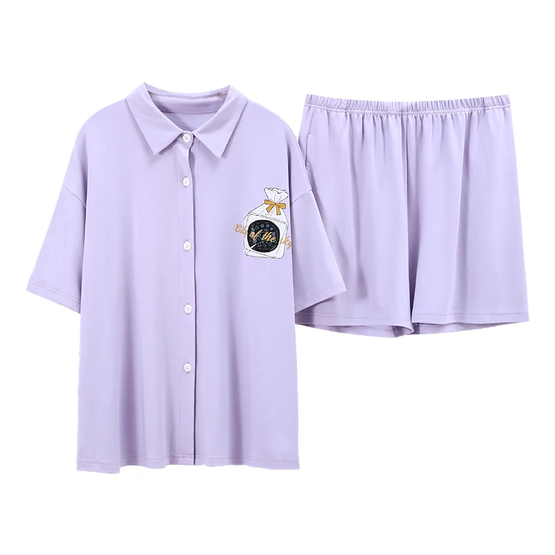

Casual Soft Cotton Nightwear Lapel Short Sleeve Shorts Fashion Homewear Suit Pajamas Set For Women Pure Purple Summer Sleepwear