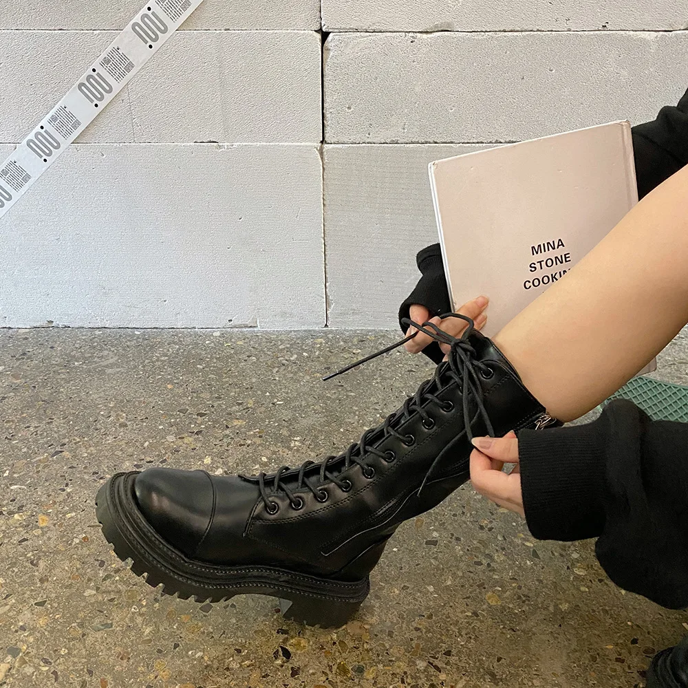 Women Ankle Boots Leather Soft Fashion Platform Motorcycle Boot Footwear Lace Up Ladies  Botas De Mujer 2021 Autumn New