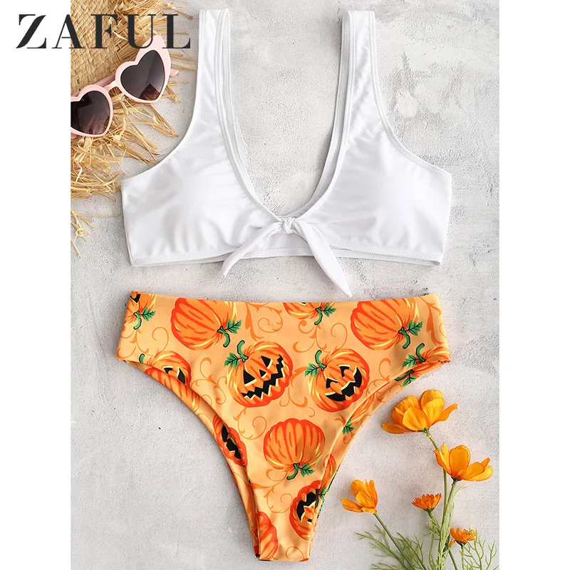 Женский комплект бикини ZAFUL с лямкой на шее принтом лимона открытой спиной узлом