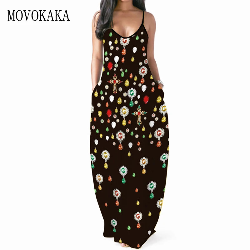 

MOVOKAKA Black Elegant Sexy Strap Dress Women 2021 Summer Beach Sundresses Elasticity Vestidos Long Dresses Party 3D Print Dress