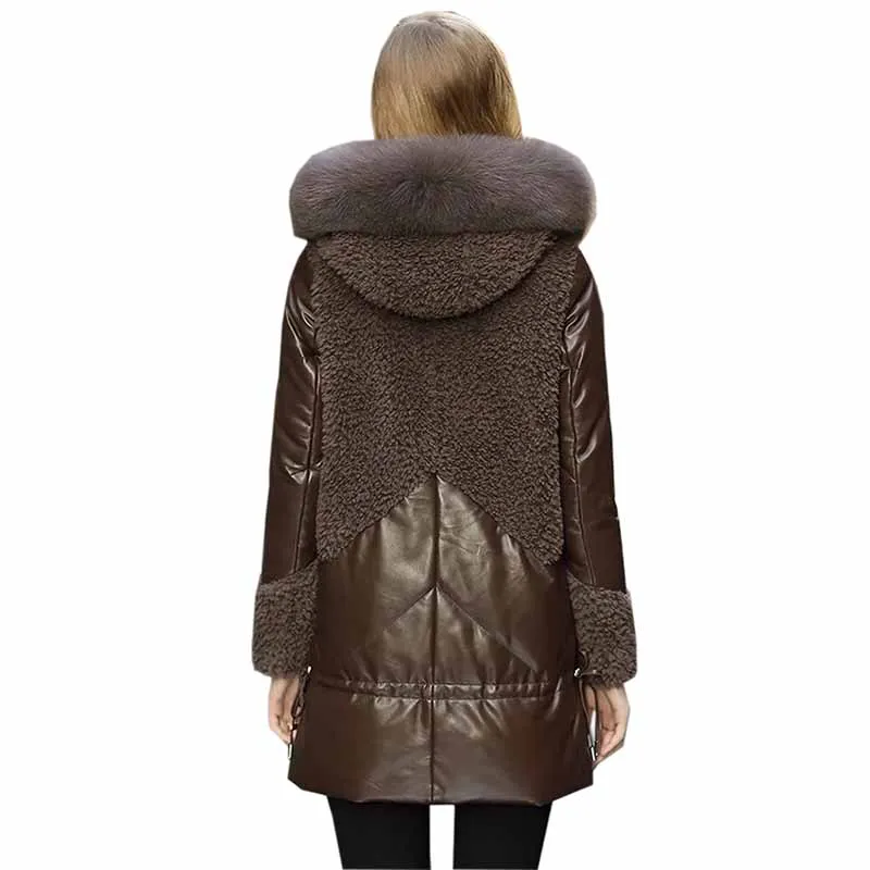 Женский пуховик из натуральной кожи зимняя кашемировая кожаная куртка овечьей с
