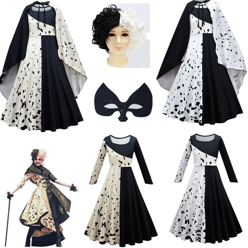 Костюм для косплея мадам Круэлла из фильма зло детское черно-белое платье