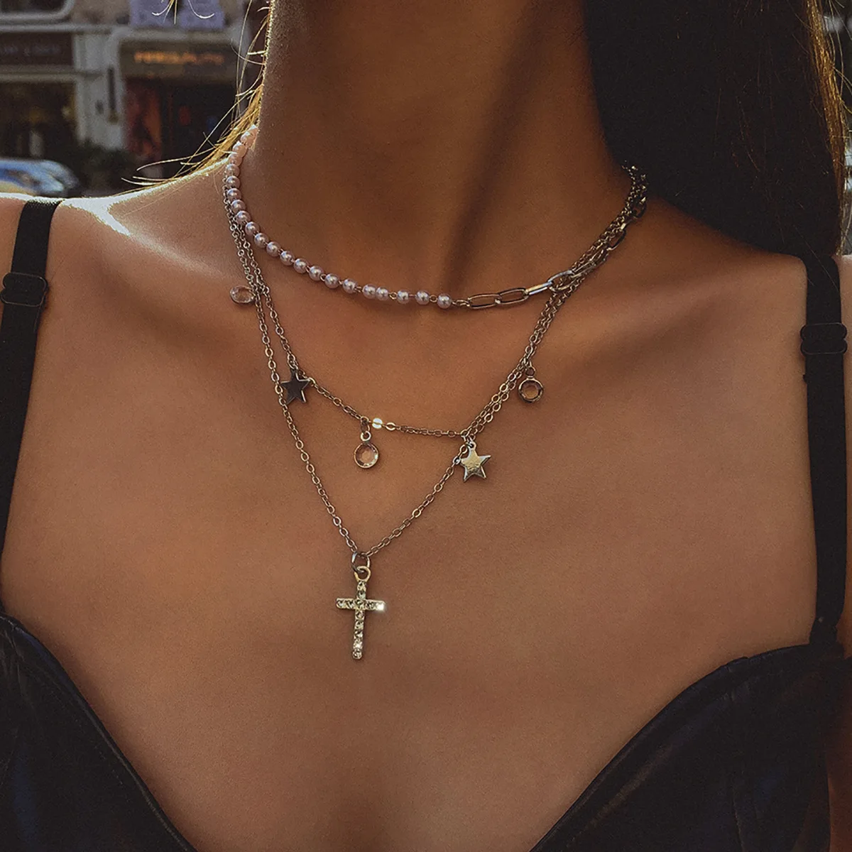 

New Fashion Pearl Chain Necklace Women Collar Wedding Punk Crystal Stars Cross Shape Multilayers Choker Necklaces Jewelry