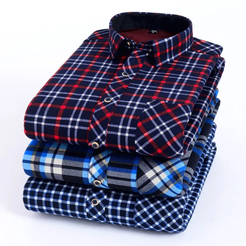 

2019 Fashion Men's Slim Shirts Autumn And Winter Thickening Warm Plaid 15 Colors Male Social Fleece Shirt Clothing Size L-4Xl