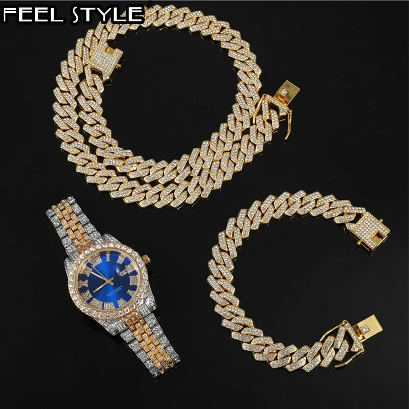 Hip Hop 3PCS KIT Heavy Watch+Prong Cuban Necklace+Bracelet 13.5MM Bling Crystal AAA+ Iced Out Rhinestones Chains For Men Jewelry