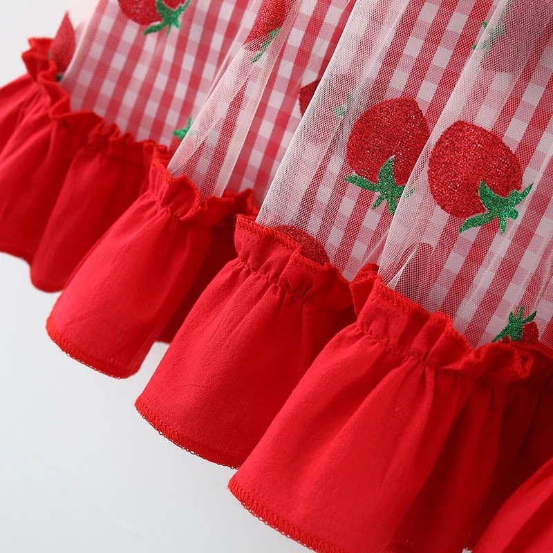 

Baby Girls Square Collar Dress with Bow-knot, Plaid Strawberry Print Sweet and Cute Sleeveless Frill Sundress for Summer