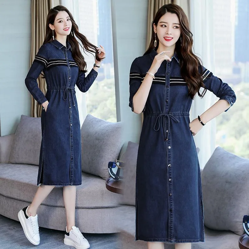 

Джинсовая рубашка платье Женская Весенняя Повседневная рубашка с отложным воротником с длинными рукавами в стиле пэчворк, платье из джинсовой ткани для леди, в стиле ретро, однобортное пальто средней длины платья