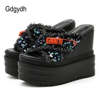 gdgydh high quality outdoor slippers female denim platform heels thick bottom fashion bling leisure fish mouth sandals women