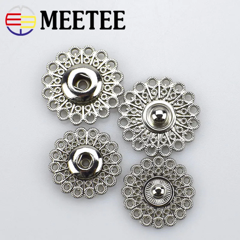 silver Meetee 10 шт 21/25 мм Модные металлические цветы полые невидимые кнопки одежда Декоративная Кнопка DIY пальто швейные материалы D4-1 - Цвет: silver