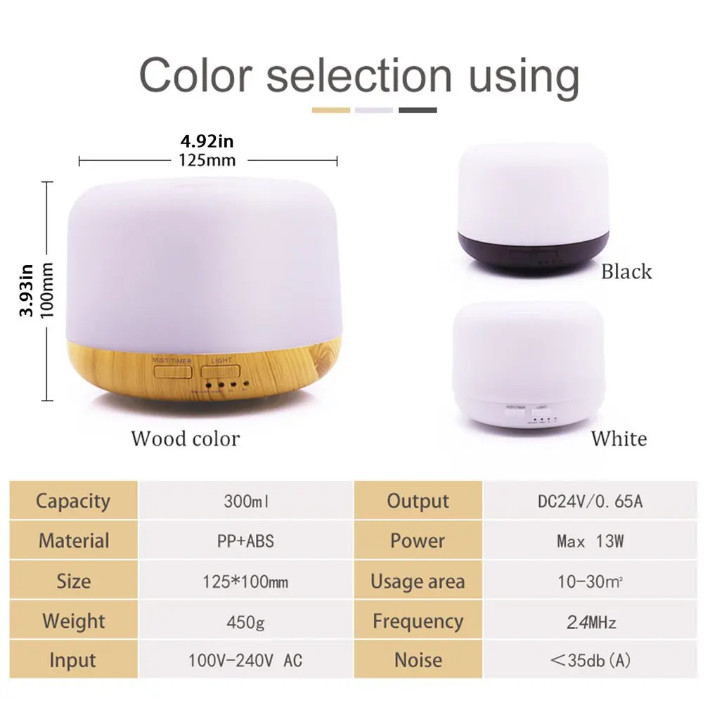 

300ml Essential Oil Diffuser Ultrasonic Humidifier Aromatherapy Diffuser 7 Colors LED Lights Timer Night Light For Home