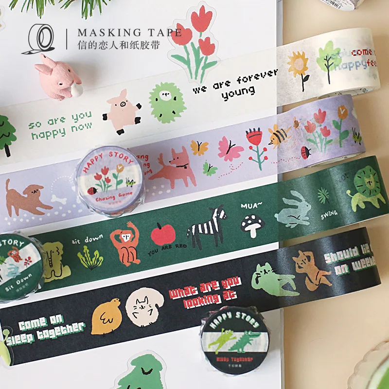 

Kawaii Cartoon Washi Tape Happy Story Cat Lion Zebra Animals Decorative Label For Scrapbooking Diary Book Album Art Craft
