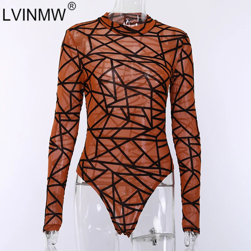 Женский комбинезон LVINMW облегающий сетчатый прозрачный в полоску с длинным