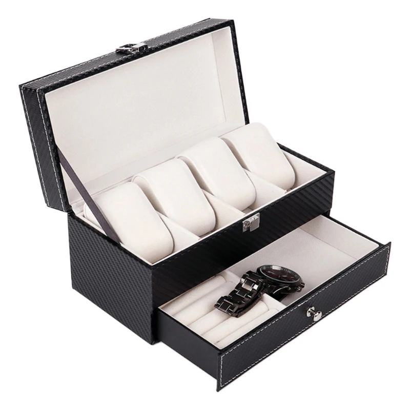 Carbon Fiber Double-layer 4 Grids Double Layers Watch Storage Box Case PU Watch Jewelry Necklace Rings Earring Organizer Box