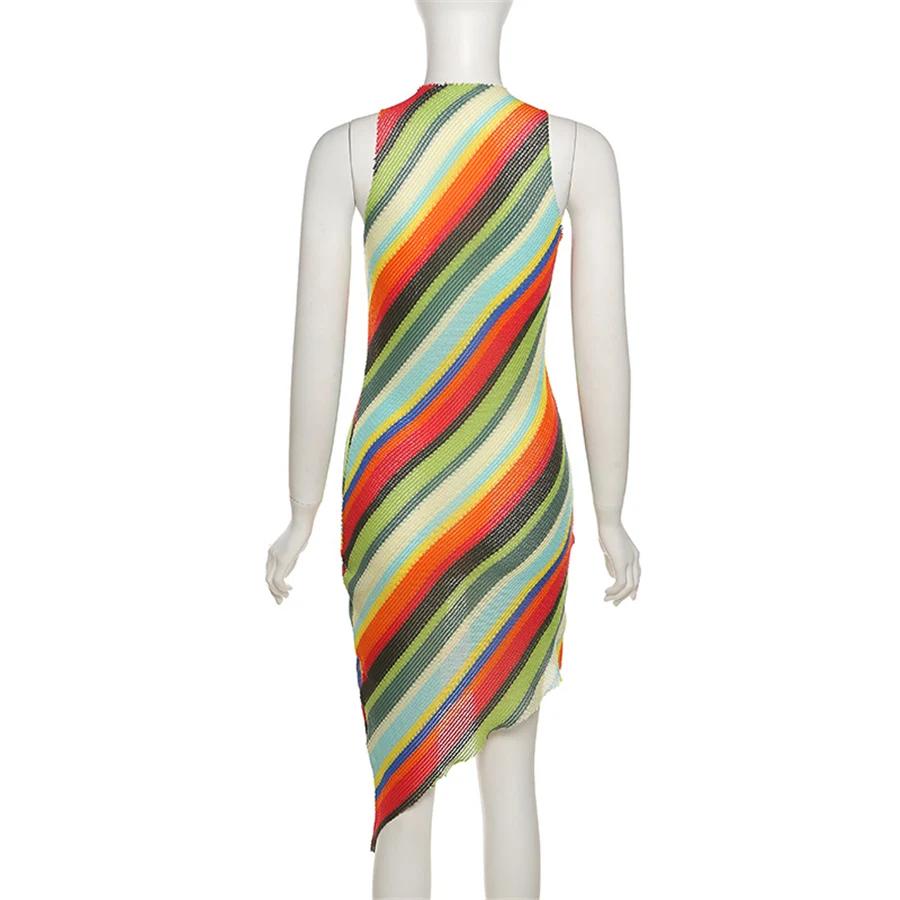 

K21D02858 Colorful Asymmetric Sleeveless Knitting Women Dress Casual Dress