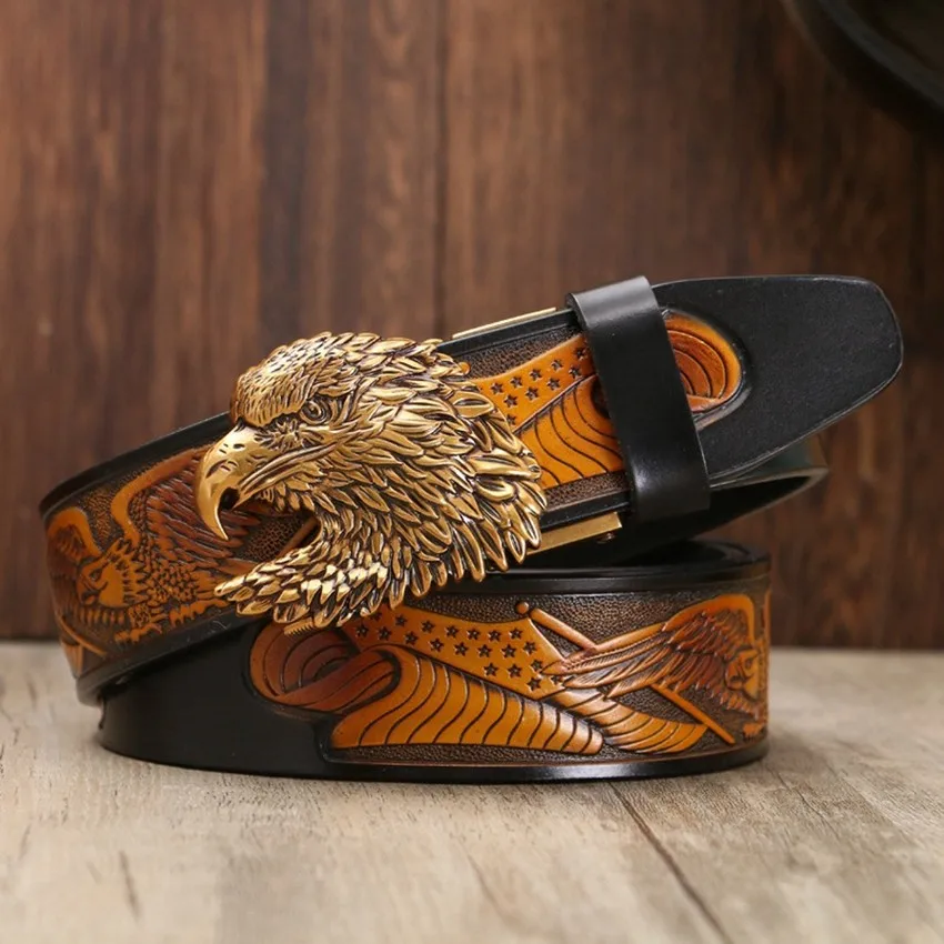 

Automatic Buckle Cowskin Genuine Leather Eagle Belt Hip-hop Punk Style Gold Hawk Jeans Belts Quality Assurance ZLB390A