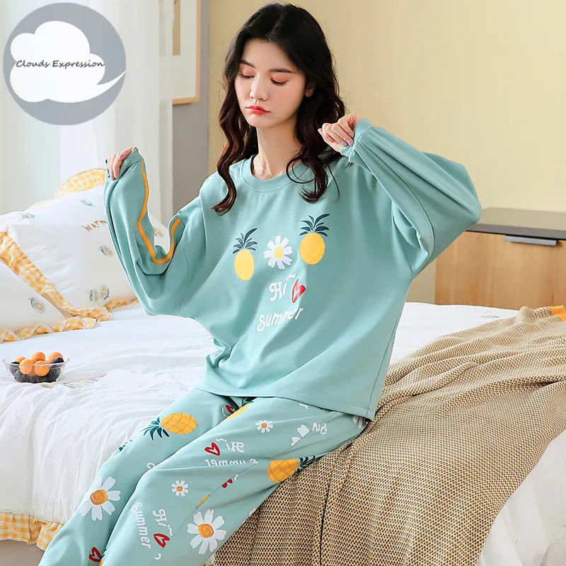 

Spring Autumn Women's Sleep Lounge Pajama Long Sleeved Woman Pajama Set Cartoon Pyjamas Cotton Sleepwear M L XL XXL XXXL Fashion