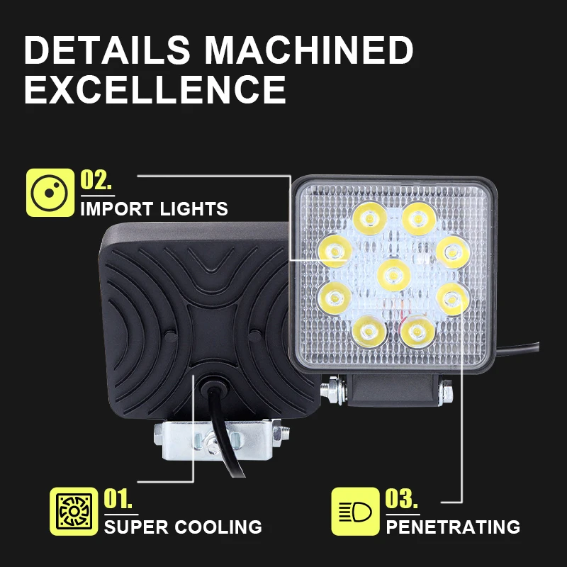 

Led Work Light Square Spotlight 27W Car Work Headlight Offroad Fog Light Lamp Night 12V LED Light Bar Driving Lights Accessories