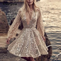 new deep v neck long sleeve sexy mini dress women party dress with highlights shiny dress silver sequined womens festival dress