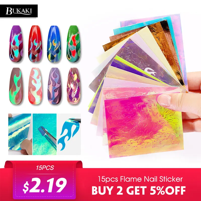 BUKAKI серебро пламя ногтей голографическая Strip16PCS DIY тонкая Лазерная пленка для ногтей стикер красочный 3D дизайн ногтей