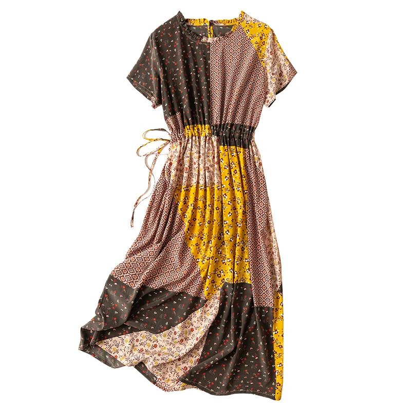 

Women's 100% Silk Short Sleeve Fashion Bohemia colour Floral Printed with drawstring waist Long Dress Crew Neck One Size L1144