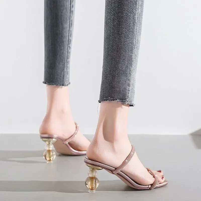 

Crystal Slippers Female Mules Women Shoes Woman 2021 New Summer Rosy Gold Strange High Heels Ladies Slippers Slides Plus Size