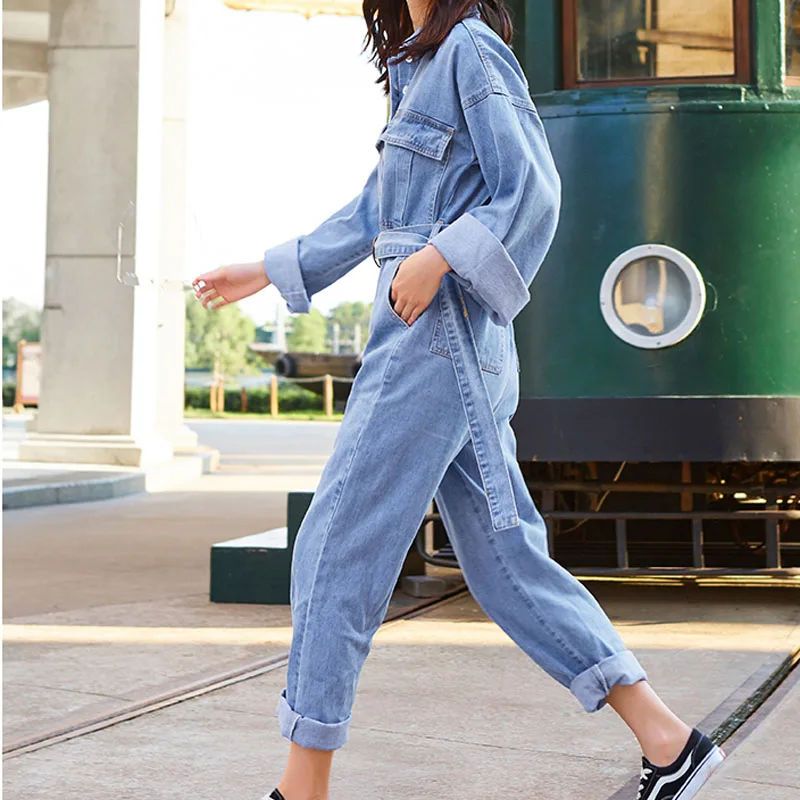 PERHAPS U Blue Denim Jeans Turn Down Collar Full Sleeve Long Jumpsuit Sash Casual High Street Women J0022 |