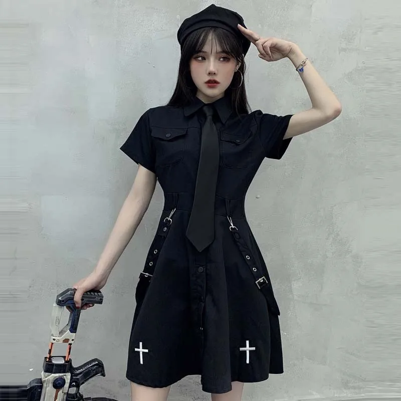 

2021 Japanese Goth Dress Punk Gothic Harajuku Summer Black Mini Dresses Shirt Women Short Sleeve Clothes Mall Goth Dark Academia