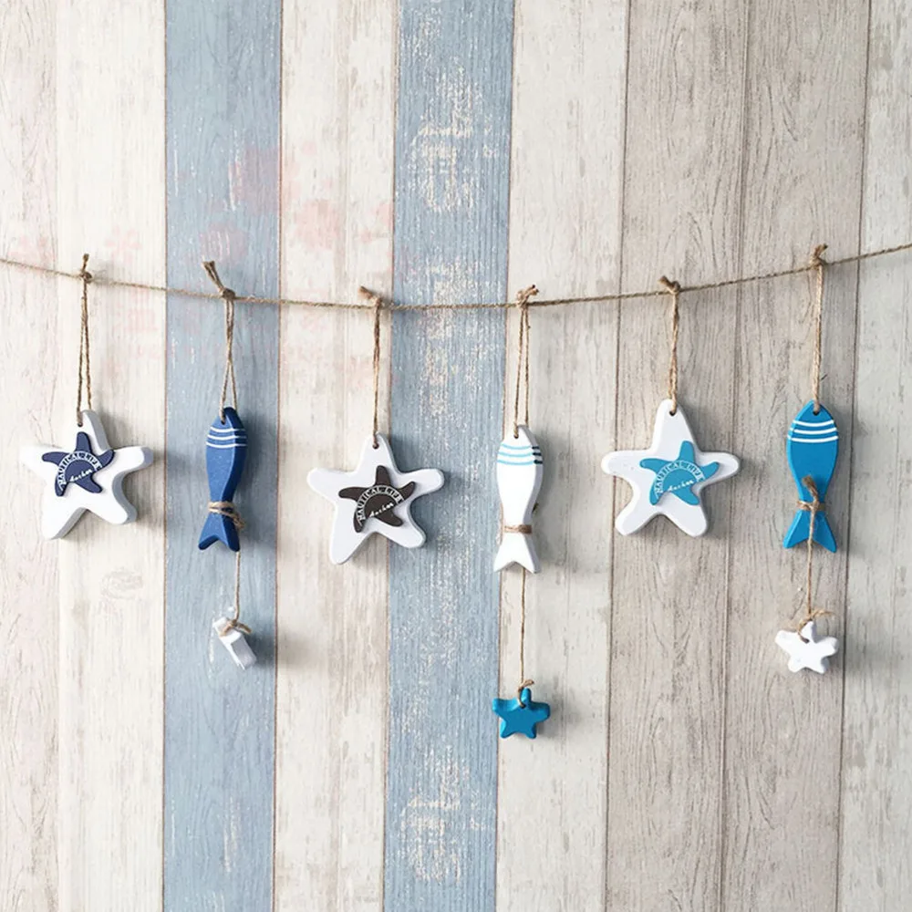 

Hang Mini Adorn Crafts Wood Fish/decorated Marine Pendant For Kid Room Mediterranean Starfish Hung Fish Nautical Decoration