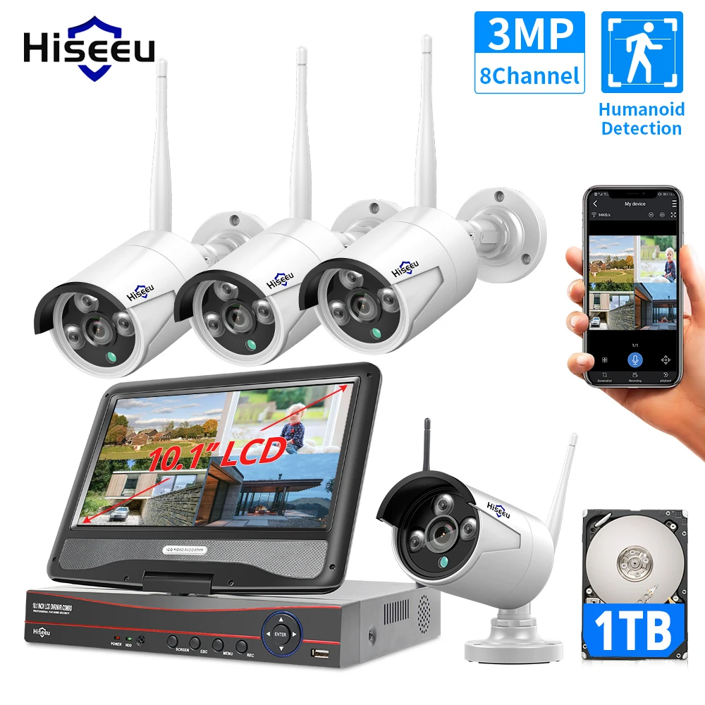 

Hiseeu 3MP 2MP 8CH Wireless Security System Kit for 1536P 1080P Outdoor video Surveillance CCTV Camera System With 10.1" Monitor
