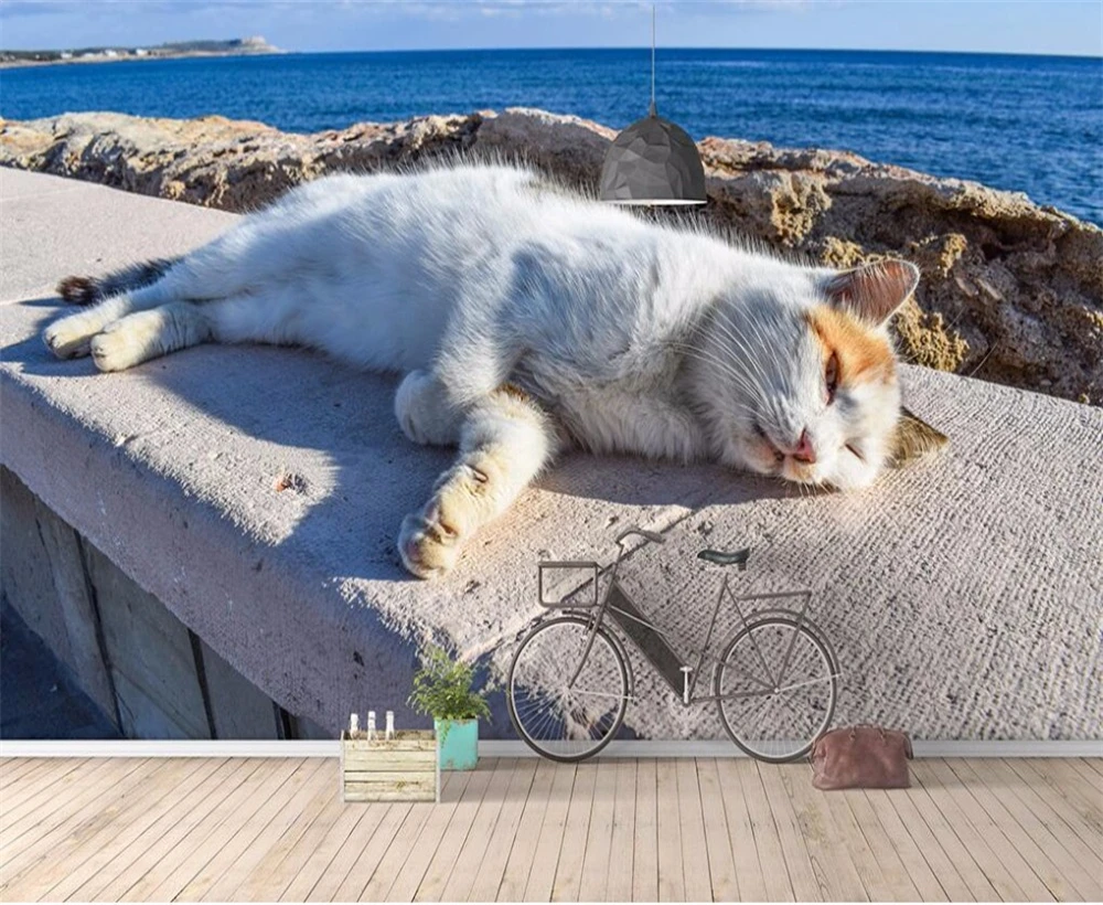 

beibehang Large custom wallpaper 3D naked eye Tasmania cat sea view living room TV wall decoration