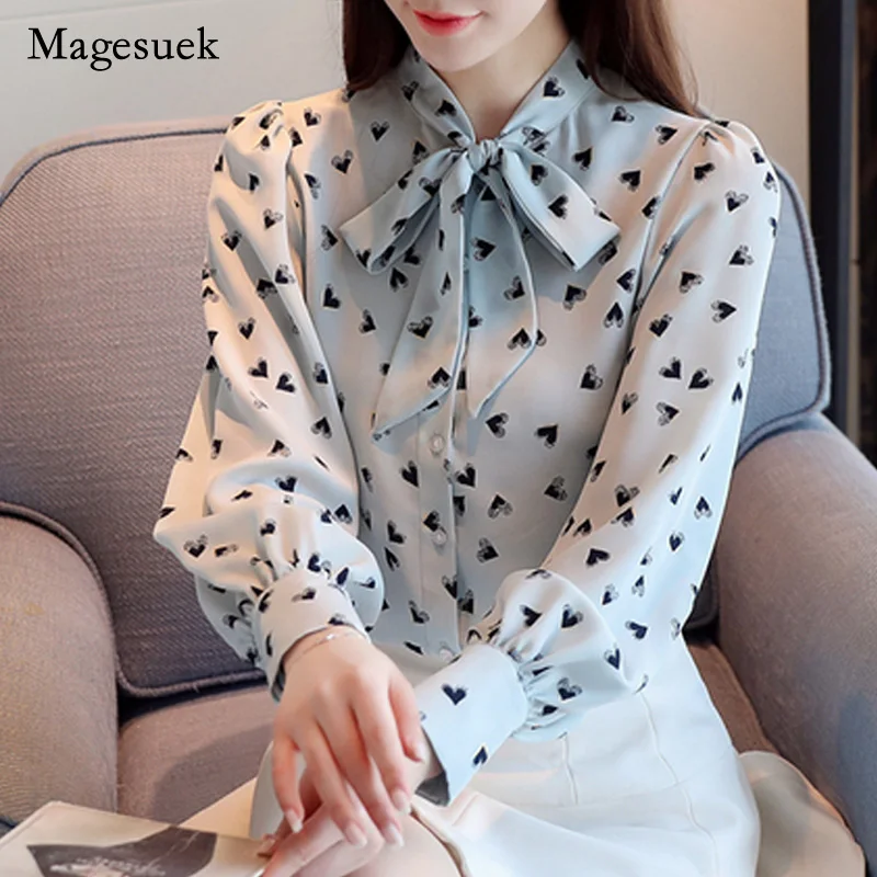 

Printed Bow-collar Slim Floral Long Sleeve Woman's Shirts New Lace-up Chiffon Blouse Blouse Women Autumn Blusas Mujer 10744