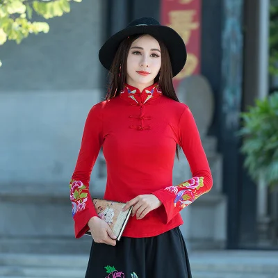Cheongsam Топ традиционная китайская одежда для женщин с длинным рукавом размера плюс 5XL рубашка хлопковая винтажная одежда Топ Футболка Блузка рубашка - Цвет: red 5858