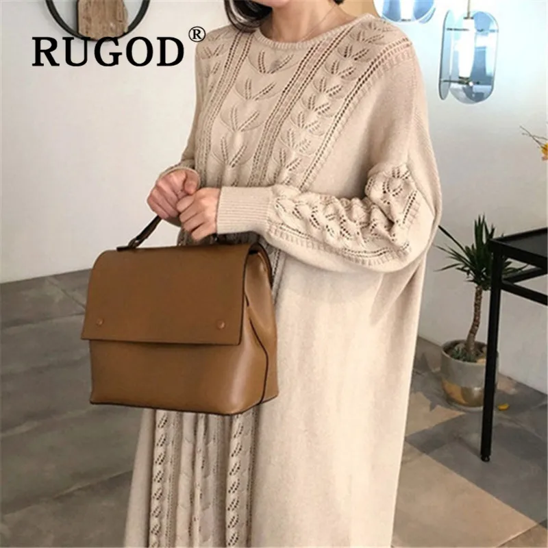 RUGOD корейское зимнее однотонное женское платье-свитер с круглым вырезом вязанное