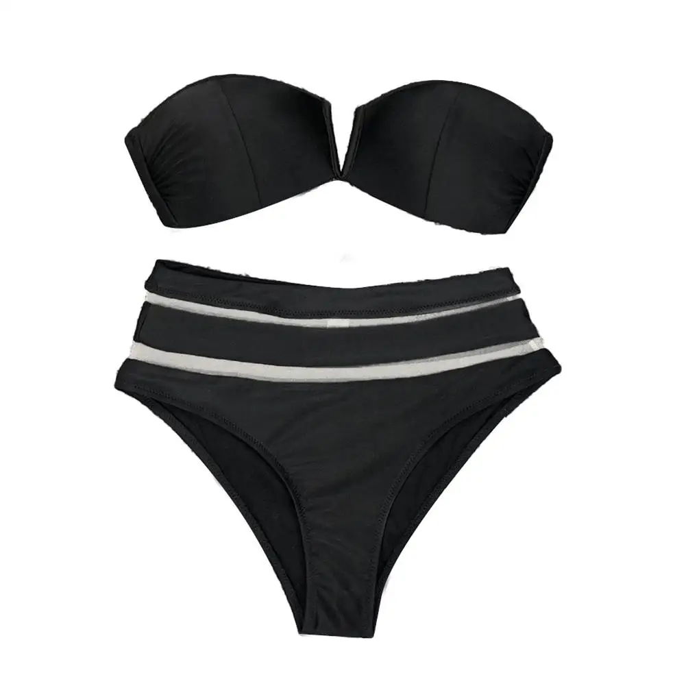 

2Pcs Women Sexy Padded Strapless Bra High Waist Mesh Briefs Bikini Set Swimwear