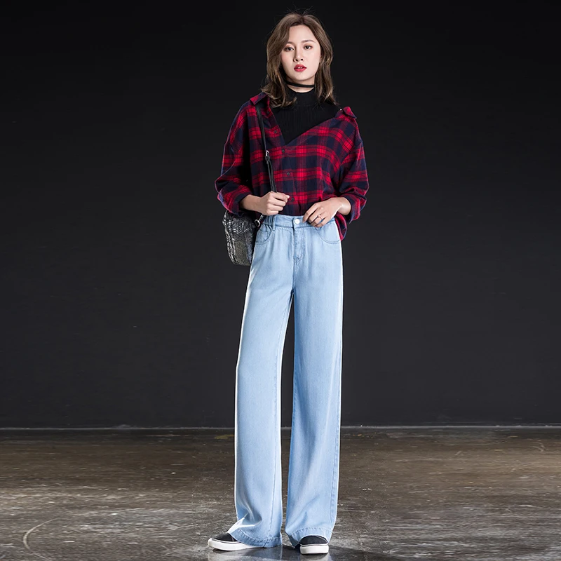 Женские джинсовые брюки с широкими штанинами синие эластичные свободные высокой