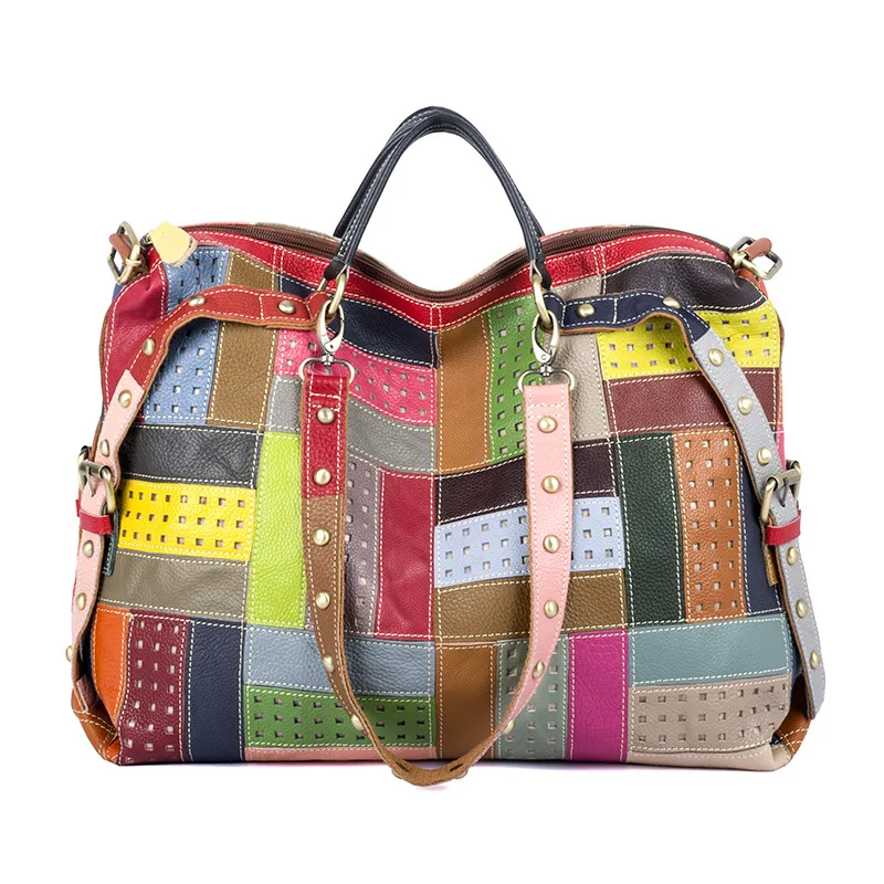 

2021 Luxury Ladies Brand Designer New Leather Bags Fashion Collision Color Riveted Shoulder Bag Large Capacity Cowhide Handbag