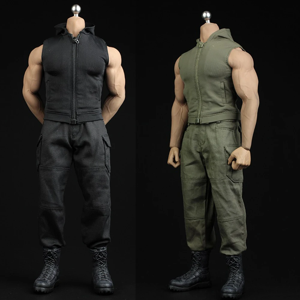 

XM004 1/6 Male Soldier Clothes Men's Sleeveless Slim-fit Hooded Pants Sweater Set Model for 12 inches M34/M35 Muscle Body
