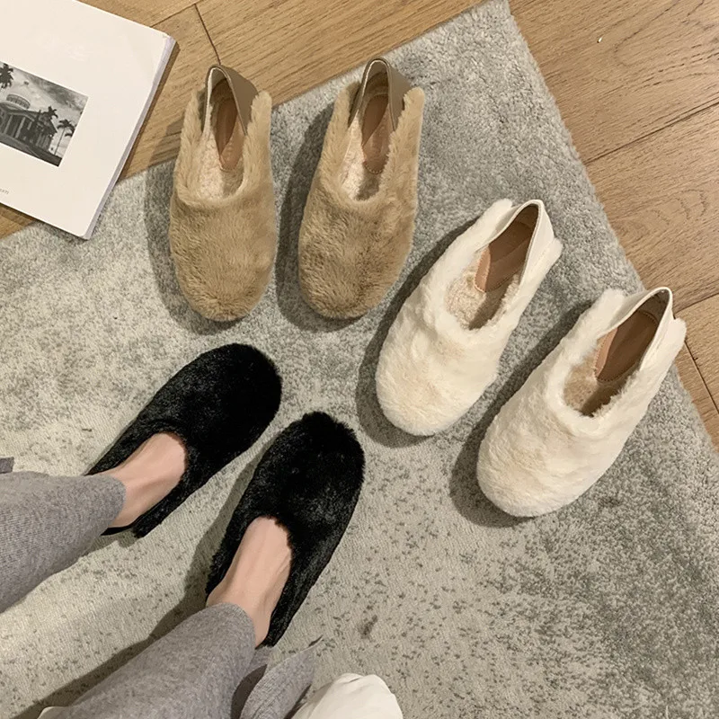 

Туфли женские без шнуровки, повседневные кроссовки, лоферы, мех, круглый носок, платье-мокасины, Осень-зима 2021