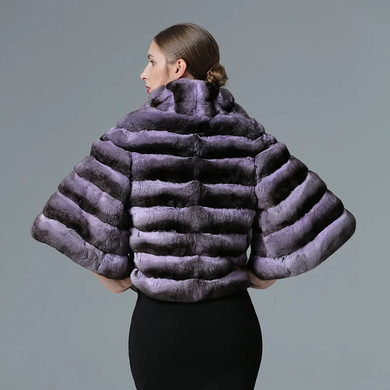 FURSARCAR 2021 New Natural Rex Rabbit Fur Jacket With Collar Purple Color Short Winter Women Coat Fashion Chinchilla Fur Outwear