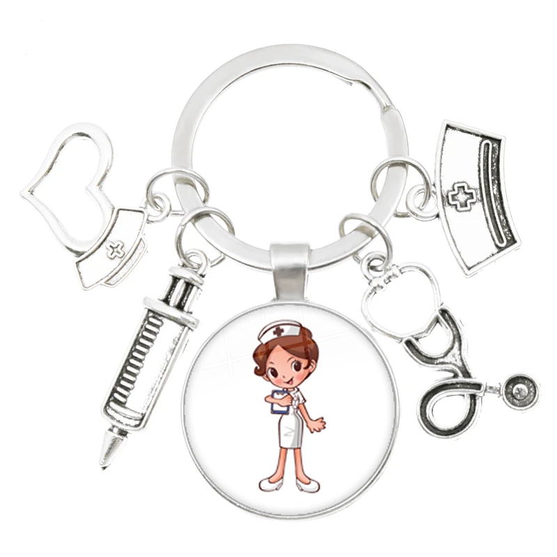 

New/High Quality 1 Piece Nurse Medical Syringe Stethoscope Image Keychain Glass Cabochon Dome Key Ring Pendant Jewelry Gift.