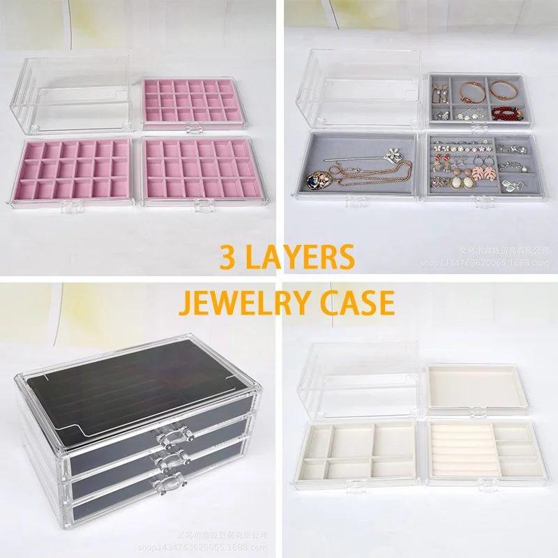 

3 Layers Acrylic Jewelry Organizer Rack Flocking Trays Earrings Display Box Rings Case Necklace/Watch/Bracelet Storage Drawer