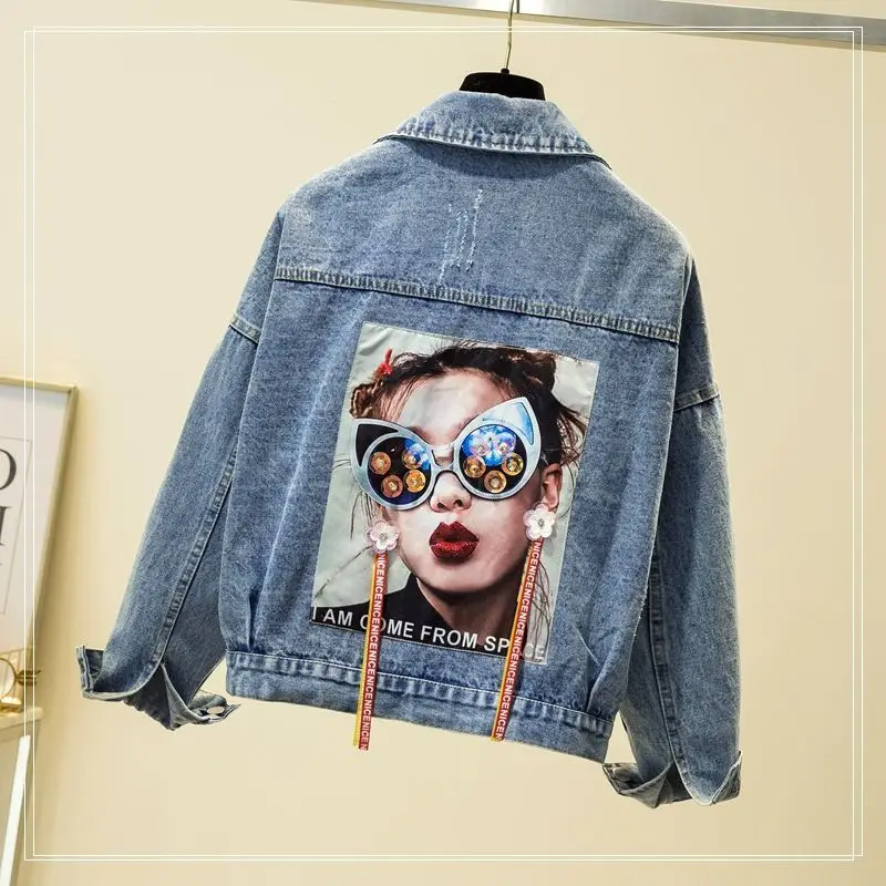 

Women Denim Jacket Spring Fall Plus size Jean Coat Korean Print Denim Outwear Female Vintage Casual Wild Jeans Jacket Basic Tops