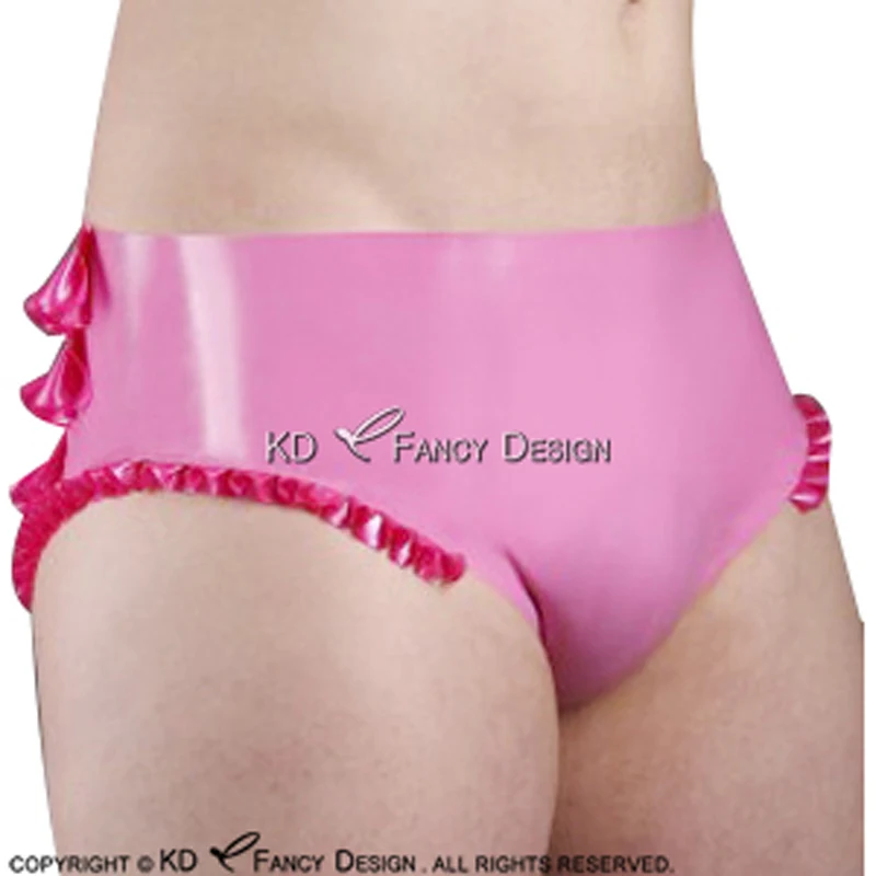Metallic Pink And Rose Red Sexy Latex Briefs With Ruffles Rubber Underwears Panties Underpants DK-0131